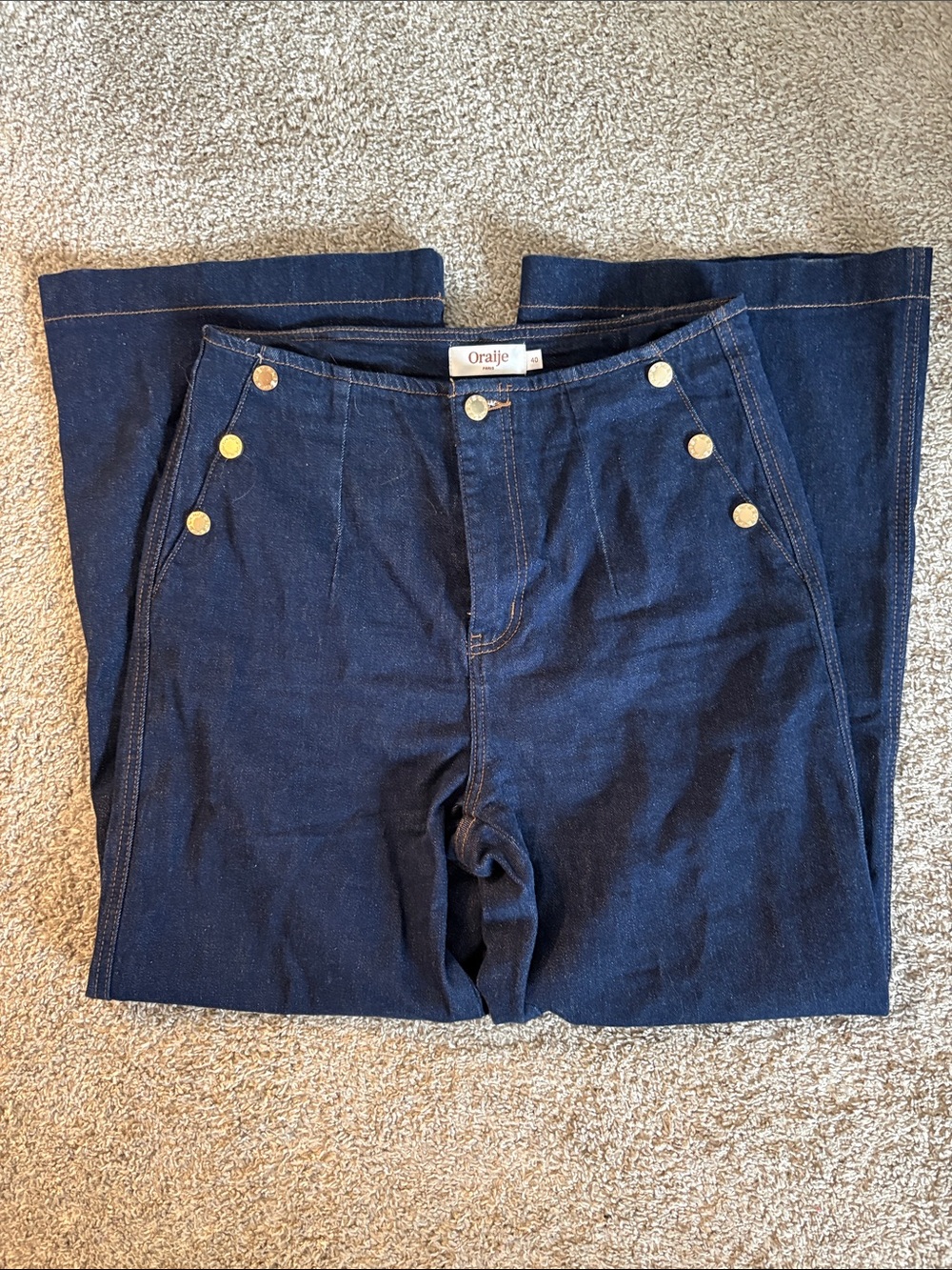 Navy High-Waist Wide-Leg Jeans with Gold Buttons